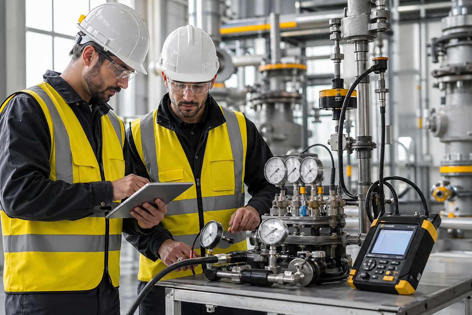 Engineers reviewing calibration and inspection equipment
