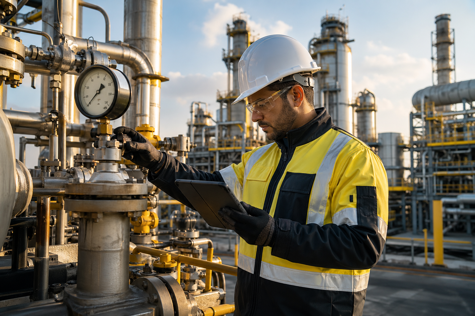 Industrial inspector checking petroleum equipment